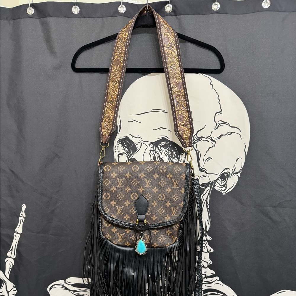 Designer inspired Brown Monogram Fringe Crossbody Bag with Turquoise Accent